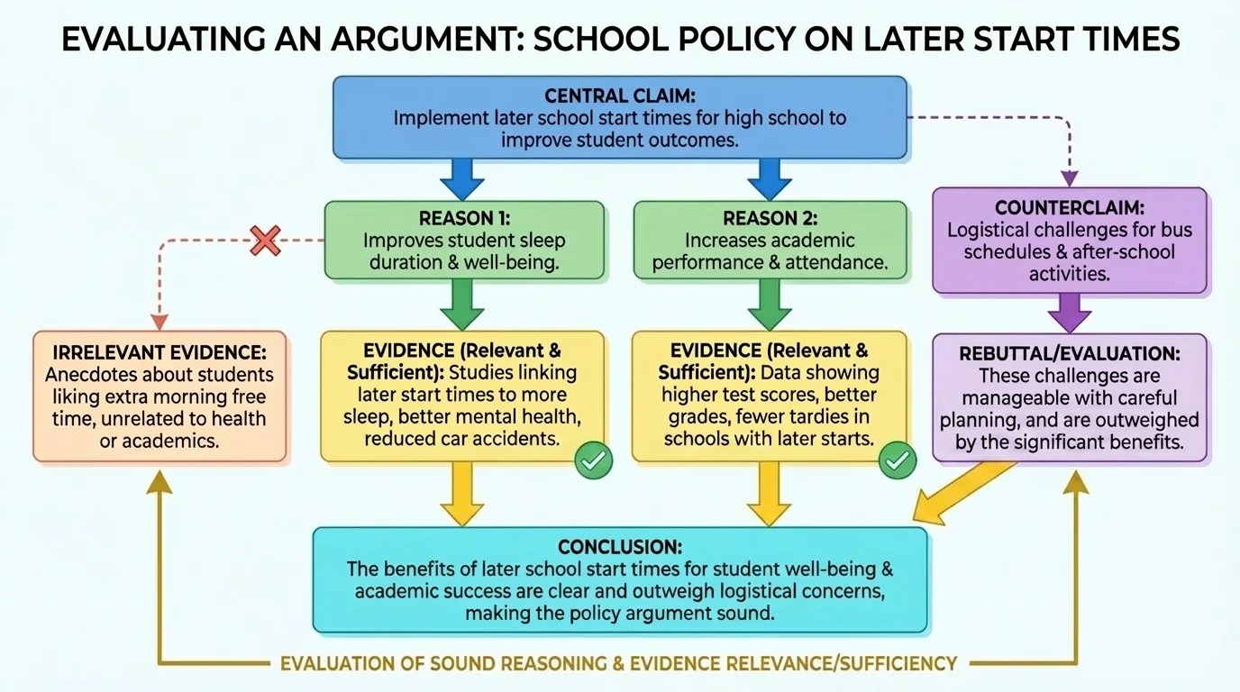 Flowchart showing a central claim connected to reasons, evidence, counterclaim, and conclusion in a school policy argument