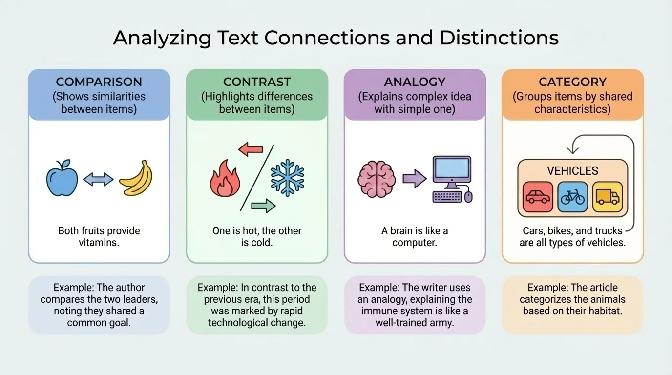 chart showing comparison, contrast, analogy, and category with short example phrases and simple arrows showing relationships
