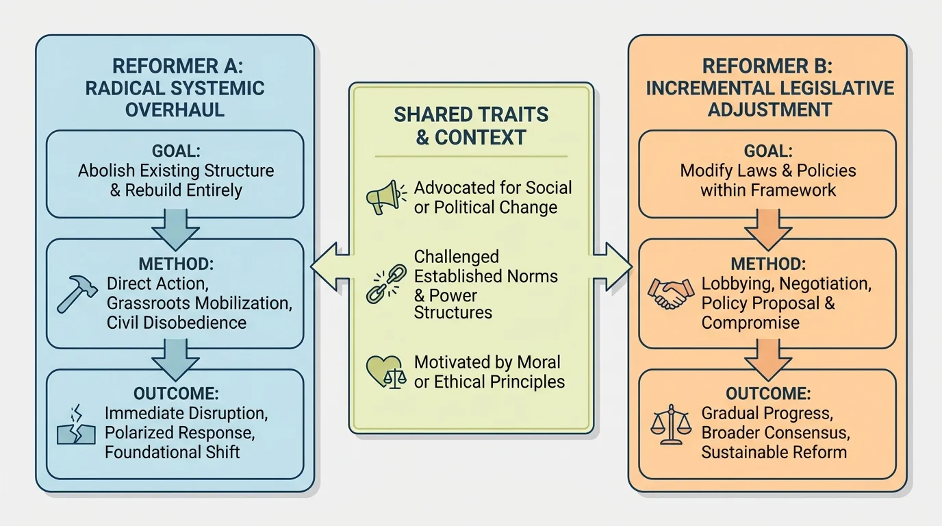 comparison diagram of two reformers with shared traits in the center and different goals, methods, and outcomes on the sides