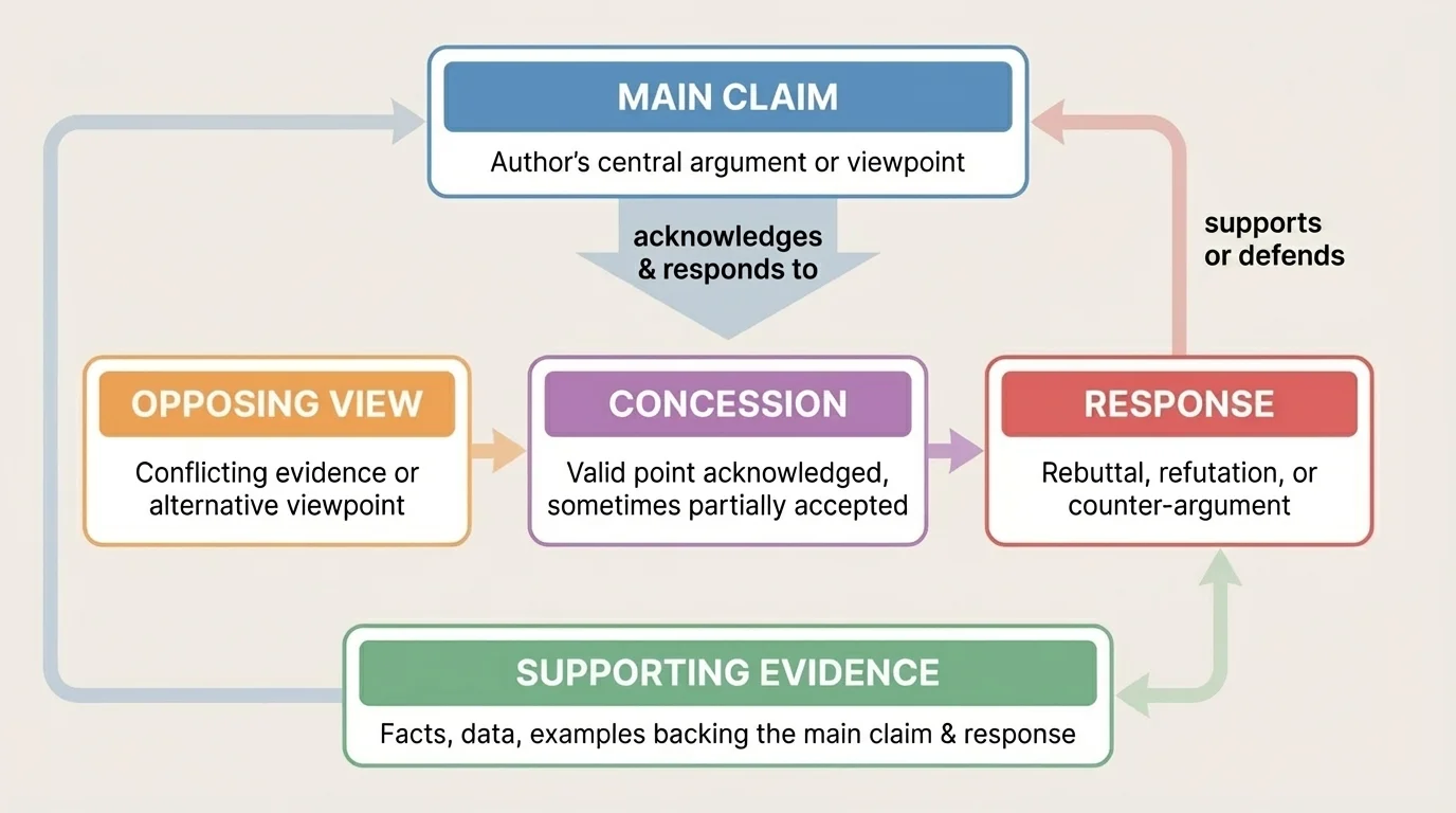 flowchart with boxes labeled main claim, opposing view, concession, response, and supporting evidence