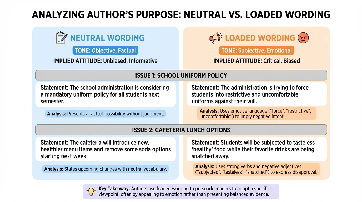 comparison chart showing neutral wording versus loaded wording in short statements about the same school issue, with labels for tone and implied attitude