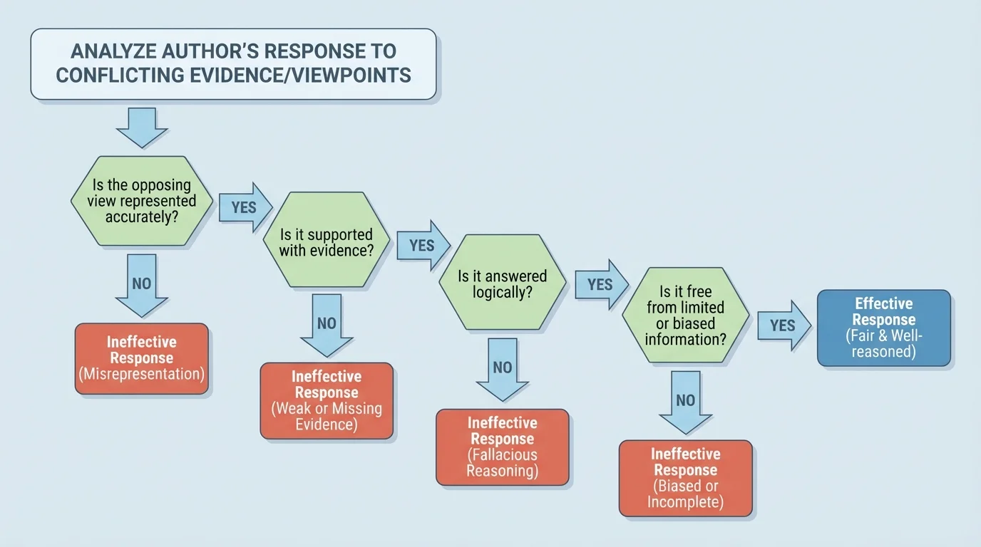 decision chart asking whether the opposing view is represented accurately, supported with evidence, answered logically, and limited by missing evidence or bias