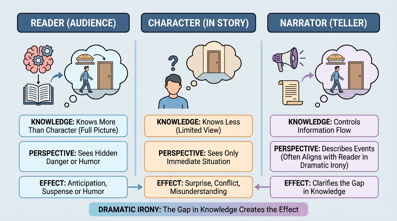 three-column comparison chart labeled Reader, Character, and Narrator, with each column showing different pieces of information about the same story event