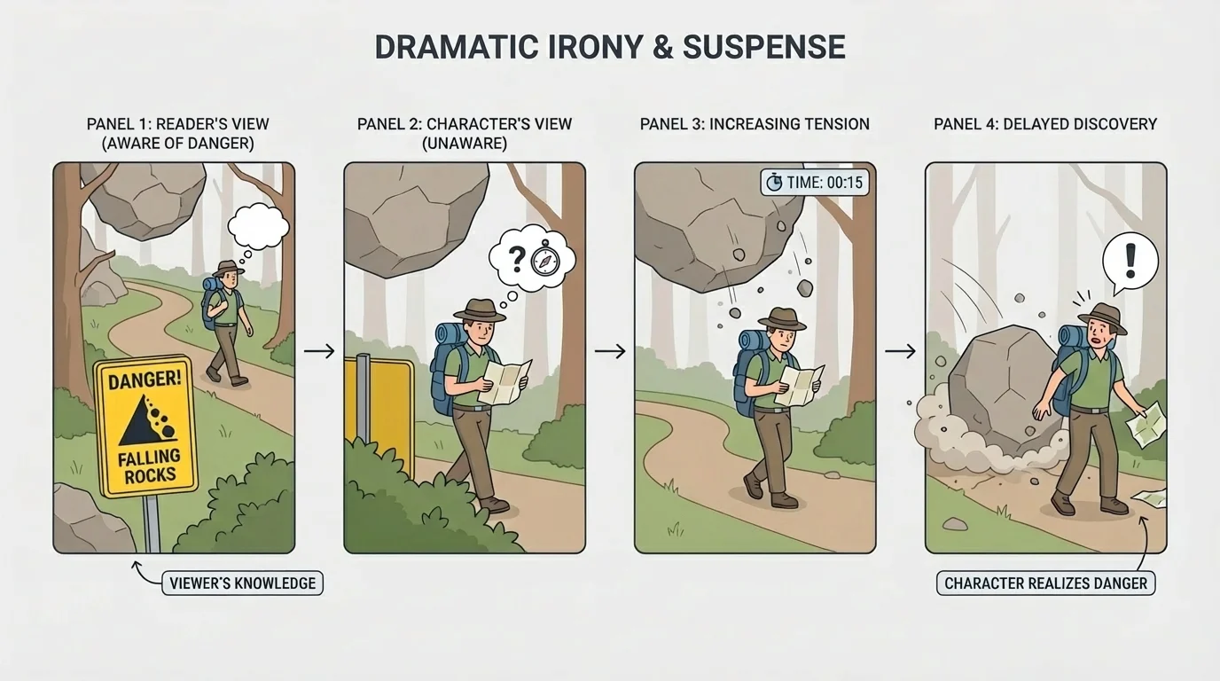 sequence showing reader notices warning sign, character misses clue, danger gets closer, and discovery is delayed