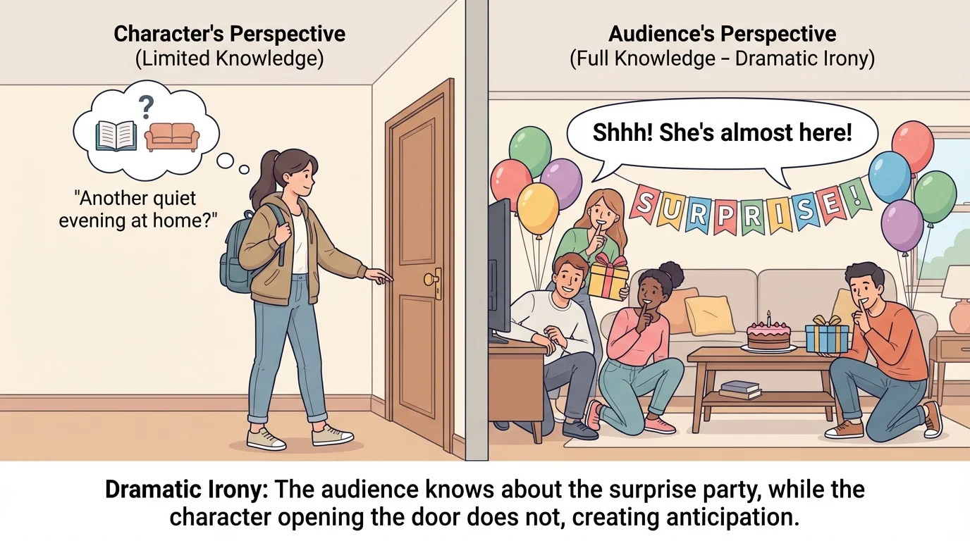 a student opening a door to a room while friends hide for a surprise party, showing that the audience knows the surprise but the student does not