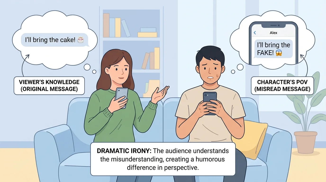 two friends talking while one misreads a text message, with the viewer clearly aware of the original harmless meaning