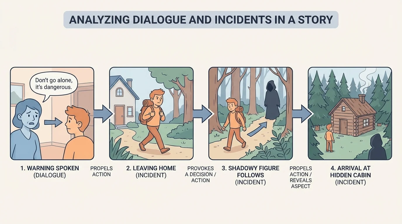 chain of events showing a warning spoken by one character, another character leaving home, a shadowy figure following, and arrival at a hidden cabin
