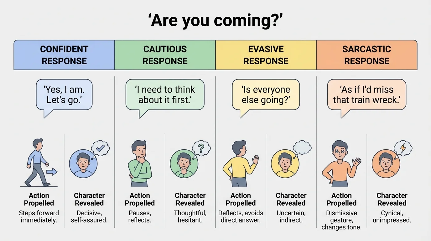 comparison chart with the question 'Are you coming?' and two different responses labeled confident, cautious, evasive, and sarcastic