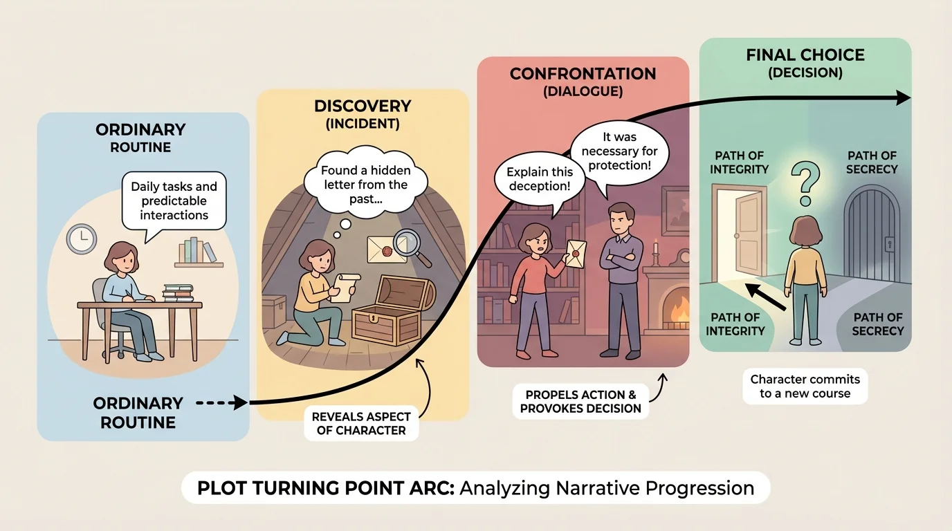 plot turning point arc showing ordinary routine, discovery of a hidden letter, confrontation between characters, and final choice