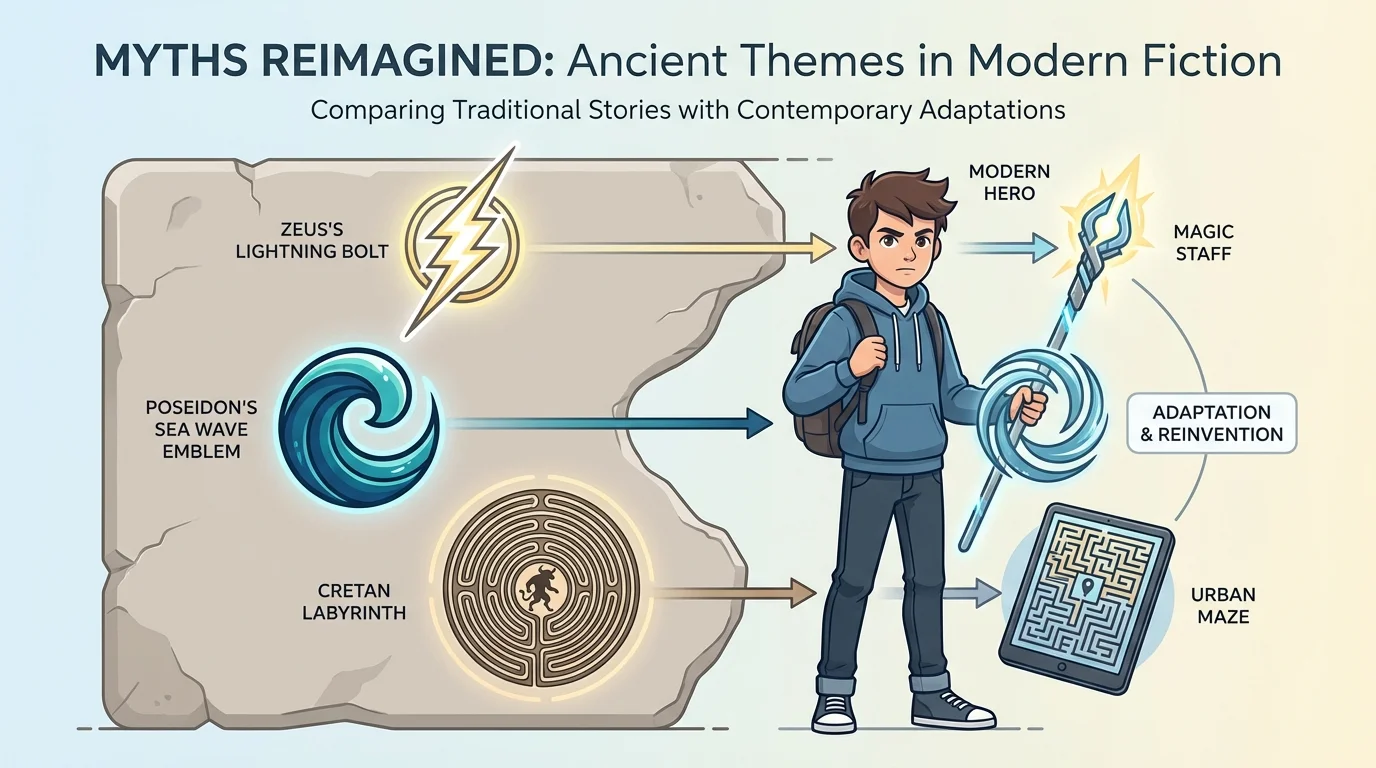 modern middle-school hero in contemporary clothes beside Greek myth symbols such as a lightning bolt, sea wave emblem, and labyrinth, showing ancient myth in a modern setting