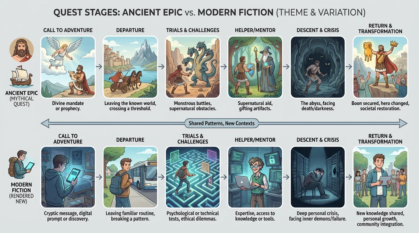 chart comparing quest stages call, departure, trials, helper, descent, return in an ancient epic and a modern fiction story