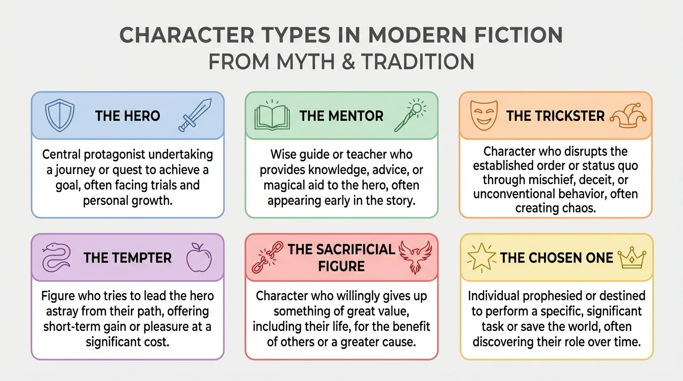 chart showing character types hero, mentor, trickster, tempter, sacrificial figure, chosen one with short role descriptions