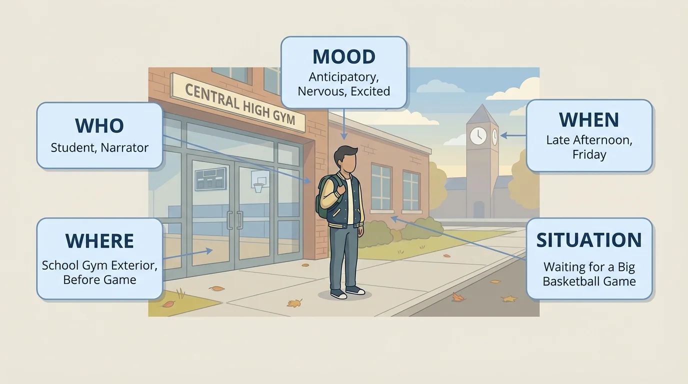Opening-scene diagram with boxes labeled who, where, when, situation, and mood around a student standing outside a gym before a game