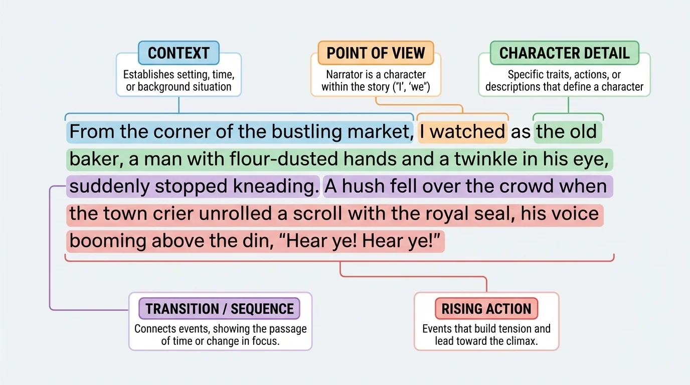 Annotated paragraph with callouts labeling context, point of view, character detail, transition, and rising action