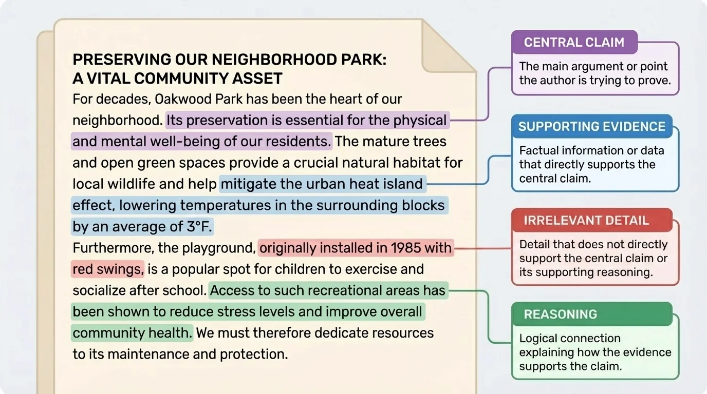 annotated nonfiction passage about preserving a neighborhood park, with labels marking central claim, supporting evidence, reasoning, and one irrelevant detail
