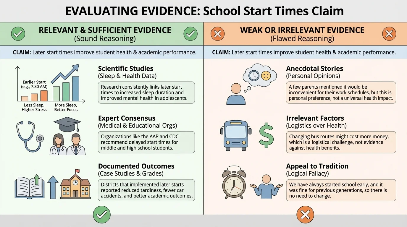 two-column chart comparing relevant and sufficient evidence versus weak or irrelevant evidence for a claim about school start times