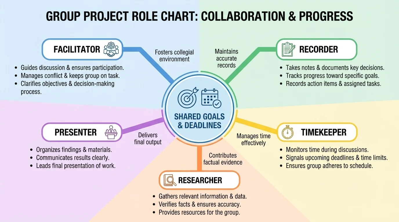 Group project role chart with facilitator, recorder, timekeeper, researcher, and presenter, each connected to short duty labels