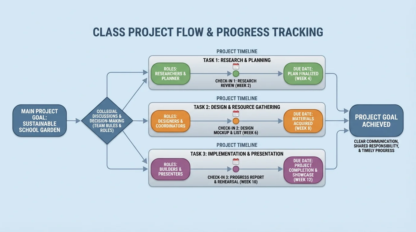 Flowchart showing a class project moving from main goal to smaller tasks with due dates and check-in points on a simple timeline
