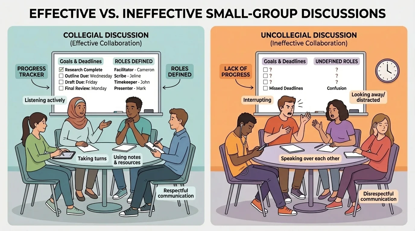 Two small-group discussions side by side, one with students listening, taking turns, and using notes, the other interrupting, looking away, and speaking over each other