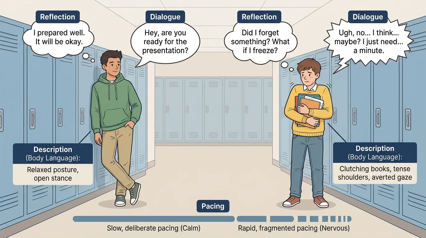 Two students standing by school lockers in conversation, one calm with relaxed posture and one nervous clutching books, with concise labels showing contrasting emotions through dialogue and body language