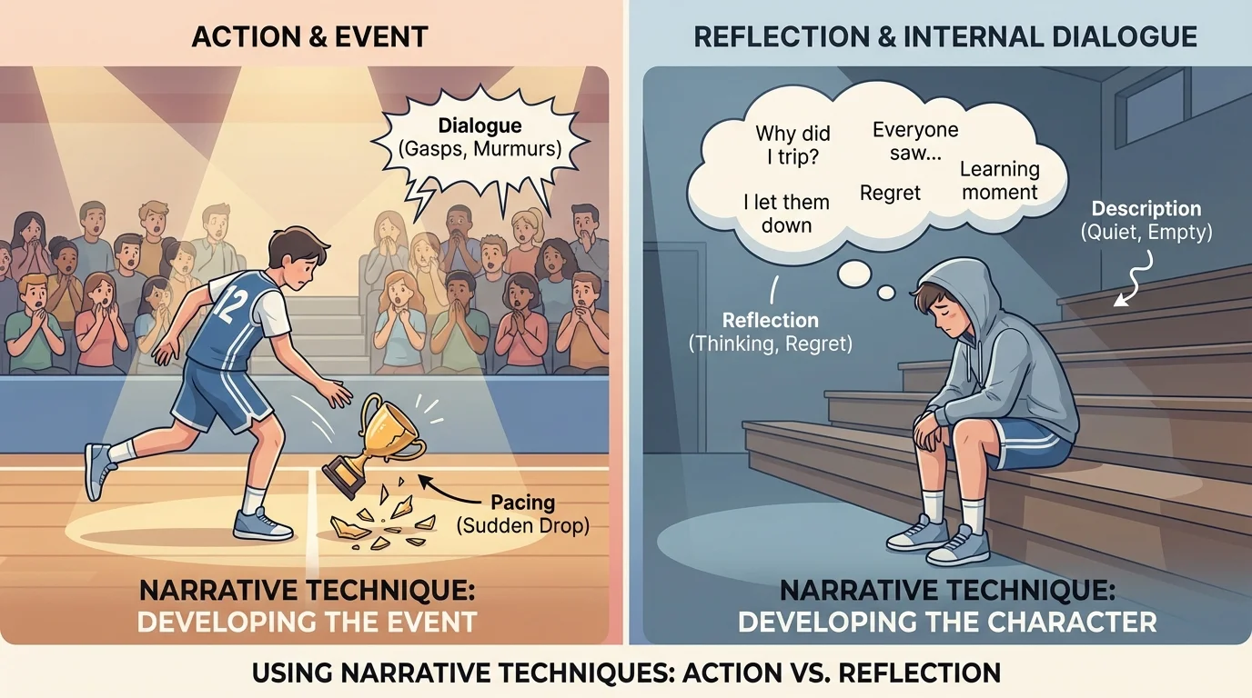 Split-panel scene with a student dropping a trophy in front of a crowd on one side and sitting alone on bleachers thinking quietly on the other, showing action versus reflection