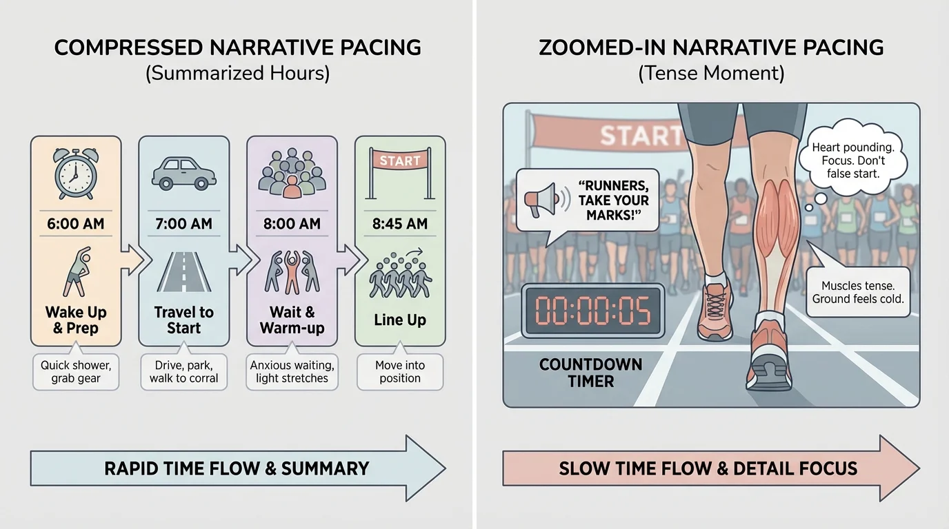 Side-by-side comparison of narrative pacing using a race morning, with one compressed timeline summarizing hours and one zoomed-in sequence focusing on the tense starting-line moment