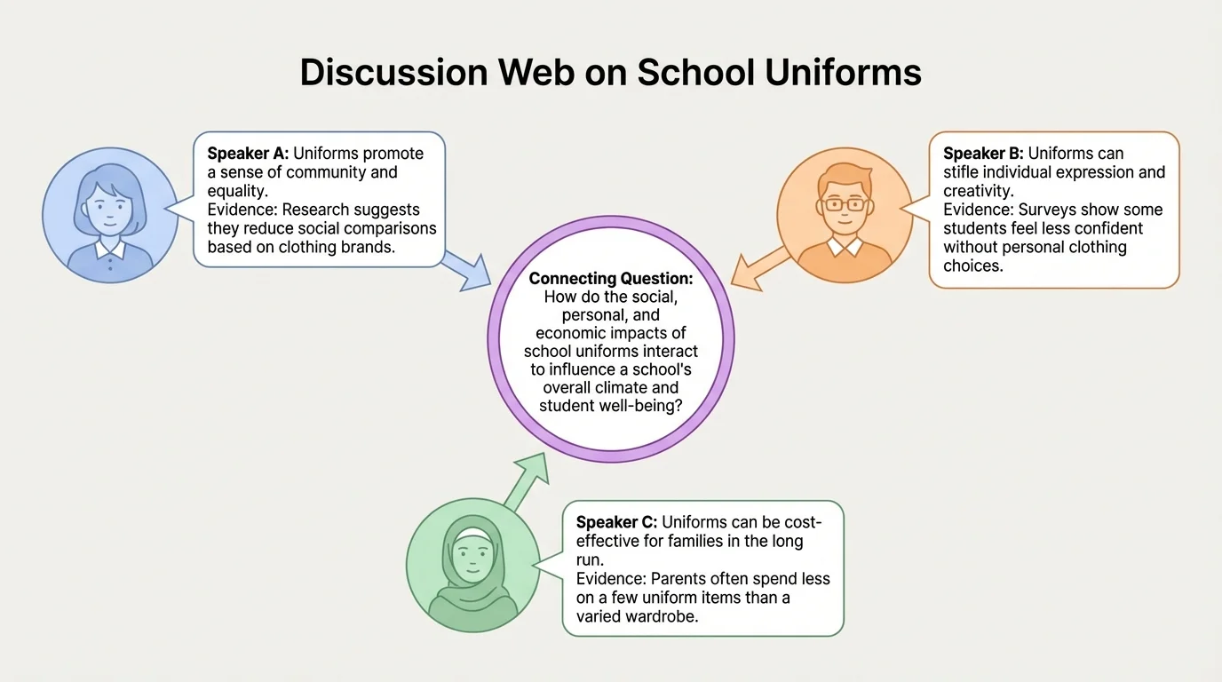 Discussion web with three student speakers, each giving a different point about school uniforms, with arrows leading to one connecting question in the center