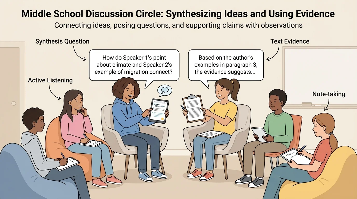 Middle school discussion circle with students holding notes, one student asking a synthesis question and another pointing to text evidence
