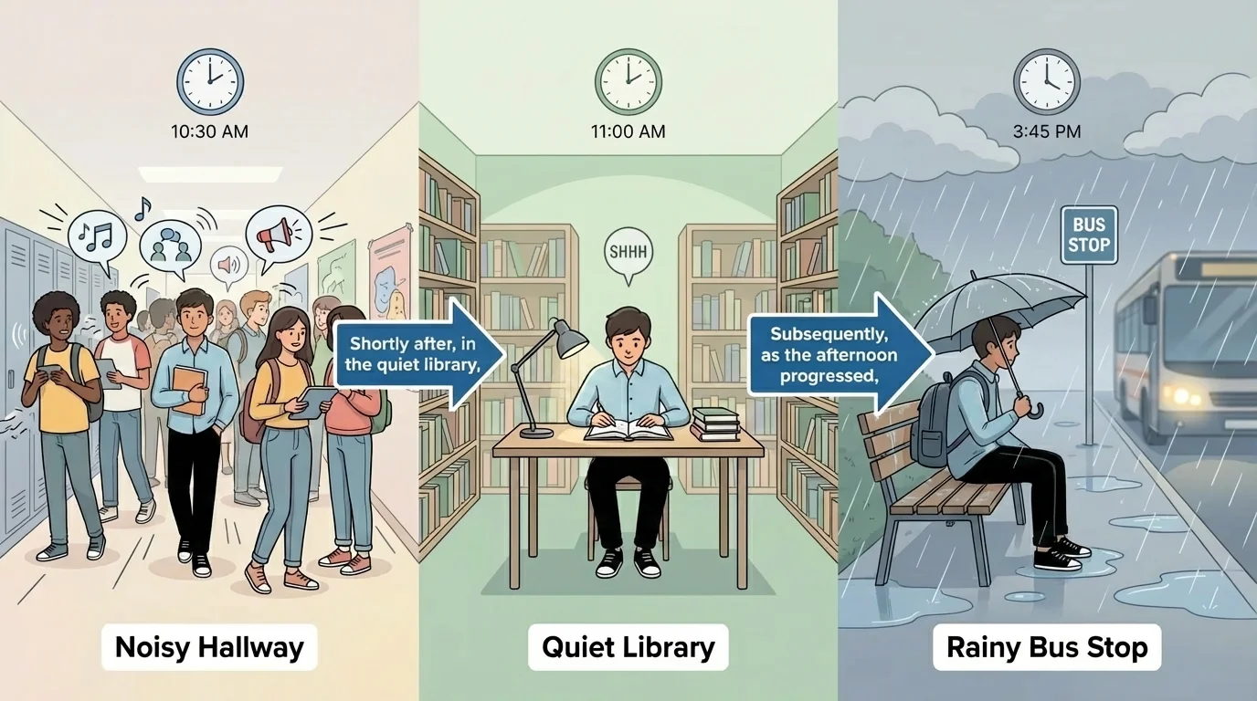 Illustration of a student moving from a noisy hallway to a quiet library to a rainy bus stop, with short transition labels marking each setting shift.