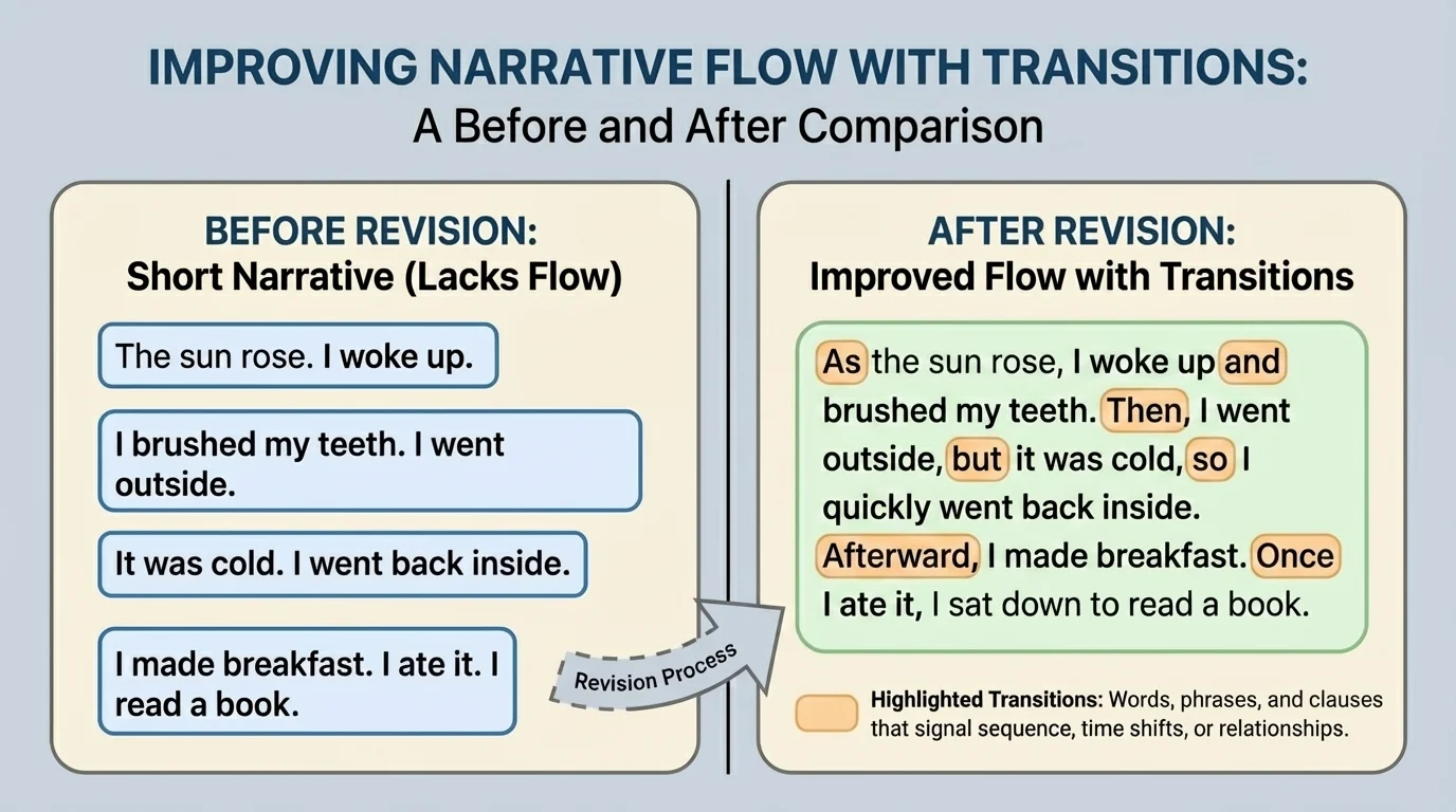 Chart comparing a short narrative before revision and after revision, with added transitions highlighted to show improved flow.