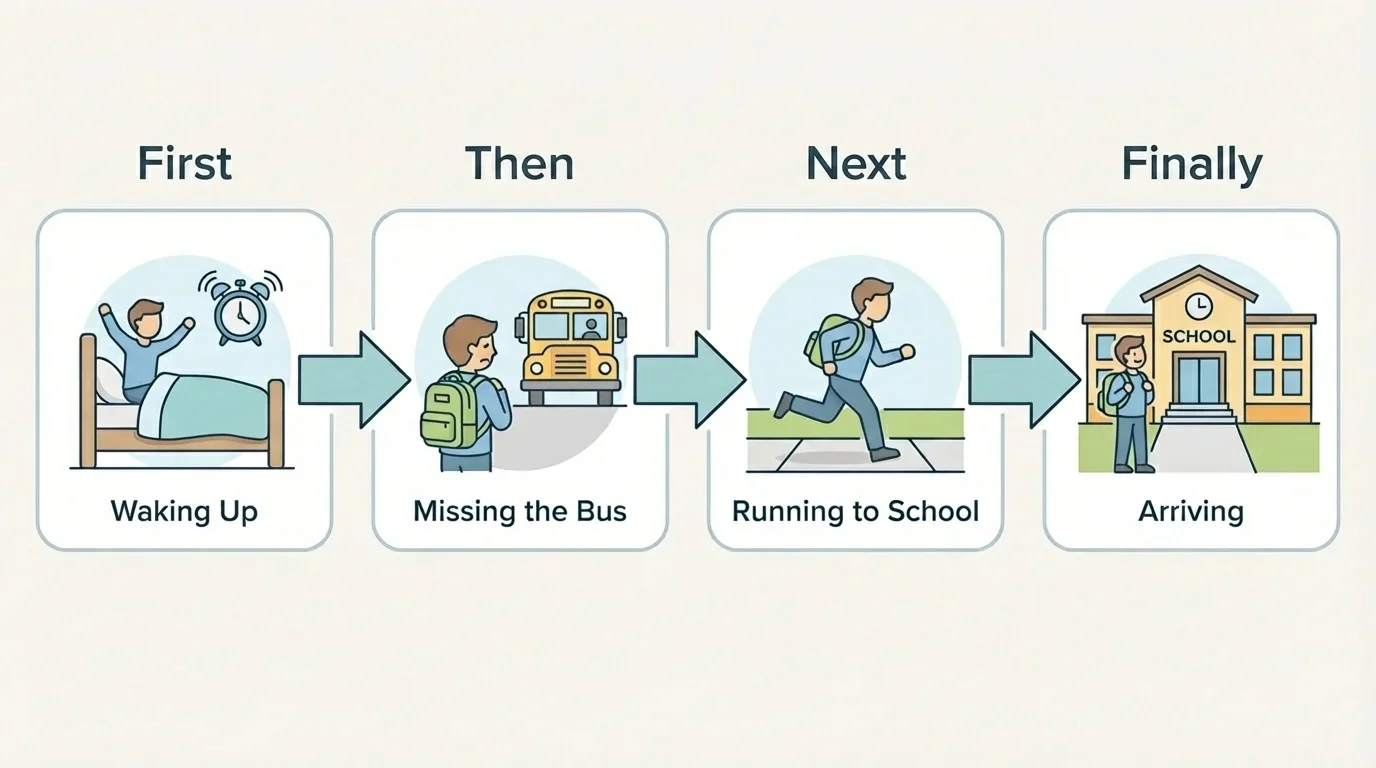 Flowchart of a student narrative moving from waking up, missing the bus, running to school, and arriving, with arrows labeled first, then, next, finally.