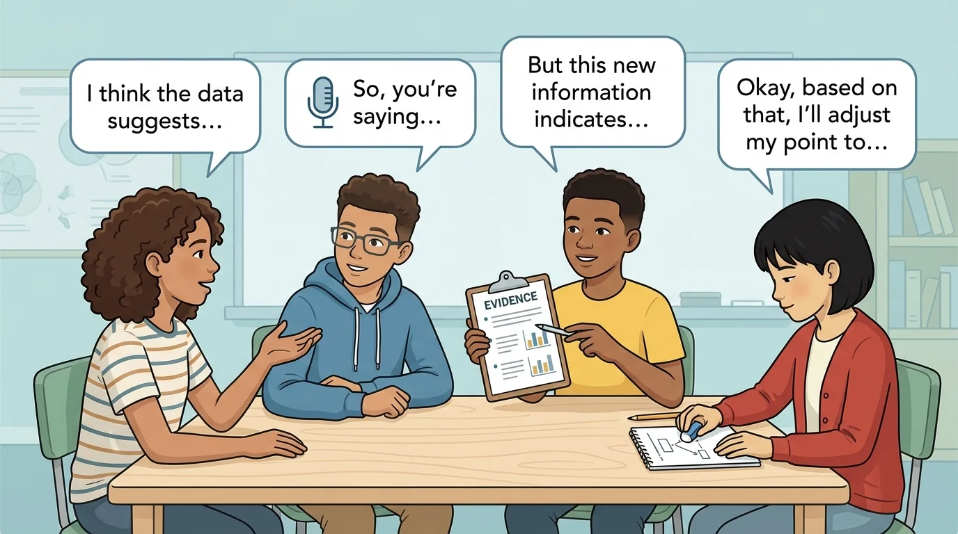 illustration of four middle school students in a classroom discussion, one student speaking, one paraphrasing, one holding notes with evidence, and one revising a point while others listen
