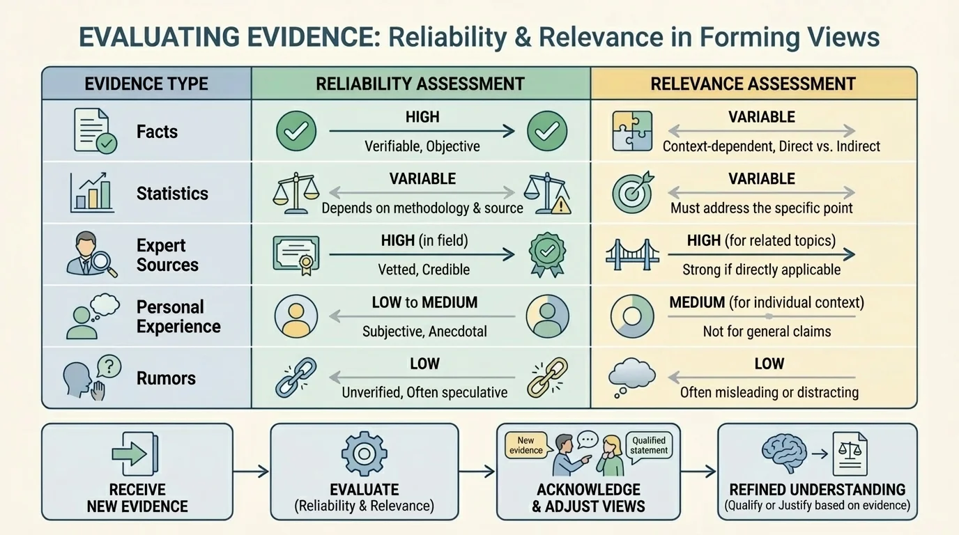 chart comparing evidence types such as facts, statistics, expert sources, personal experience, and rumors with columns for reliability and relevance