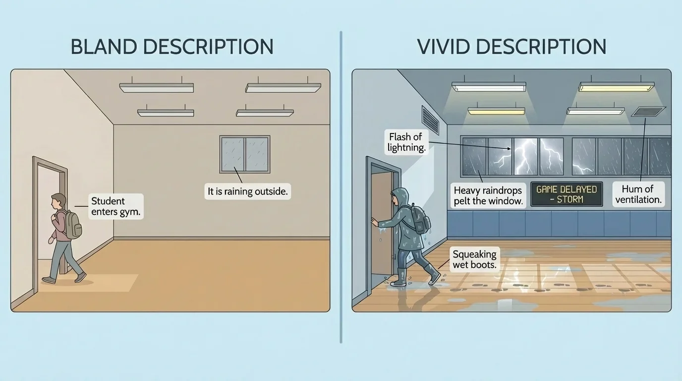Two-panel illustration of a student entering a stormy gym, one side bland and plain, the other side vivid with rain, squeaking shoes, and bright lights
