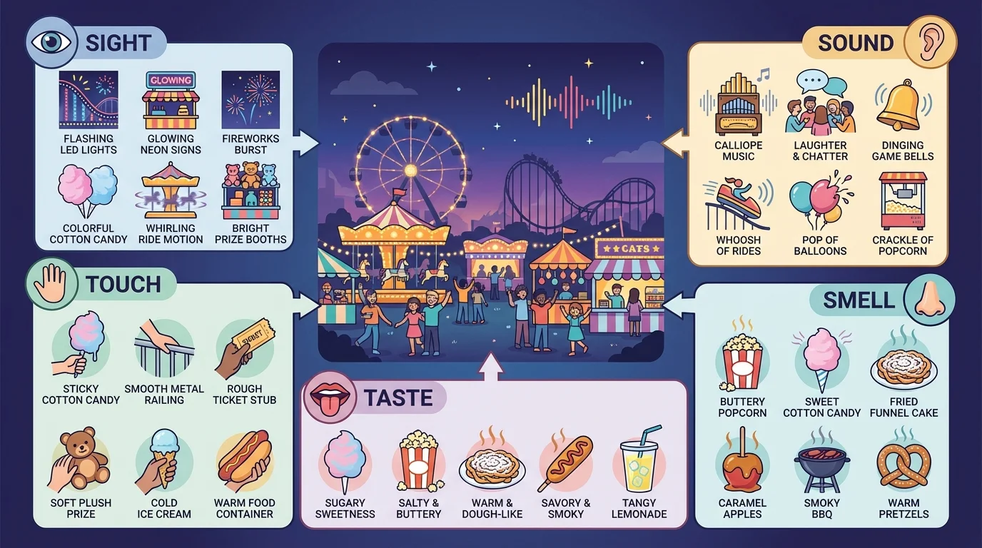 Sensory chart around a night carnival scene with labeled details for sight, sound, smell, taste, and touch