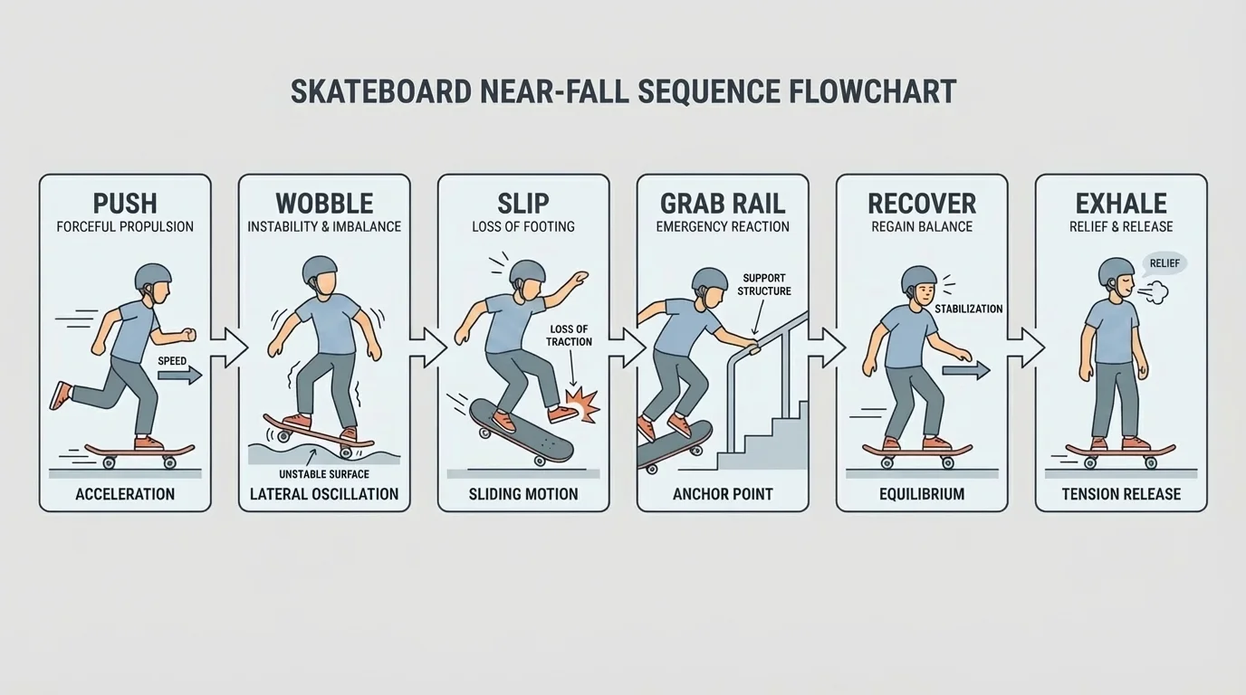 Flowchart of a skateboard near-fall sequence from push, wobble, slip, grab rail, recover, and exhale
