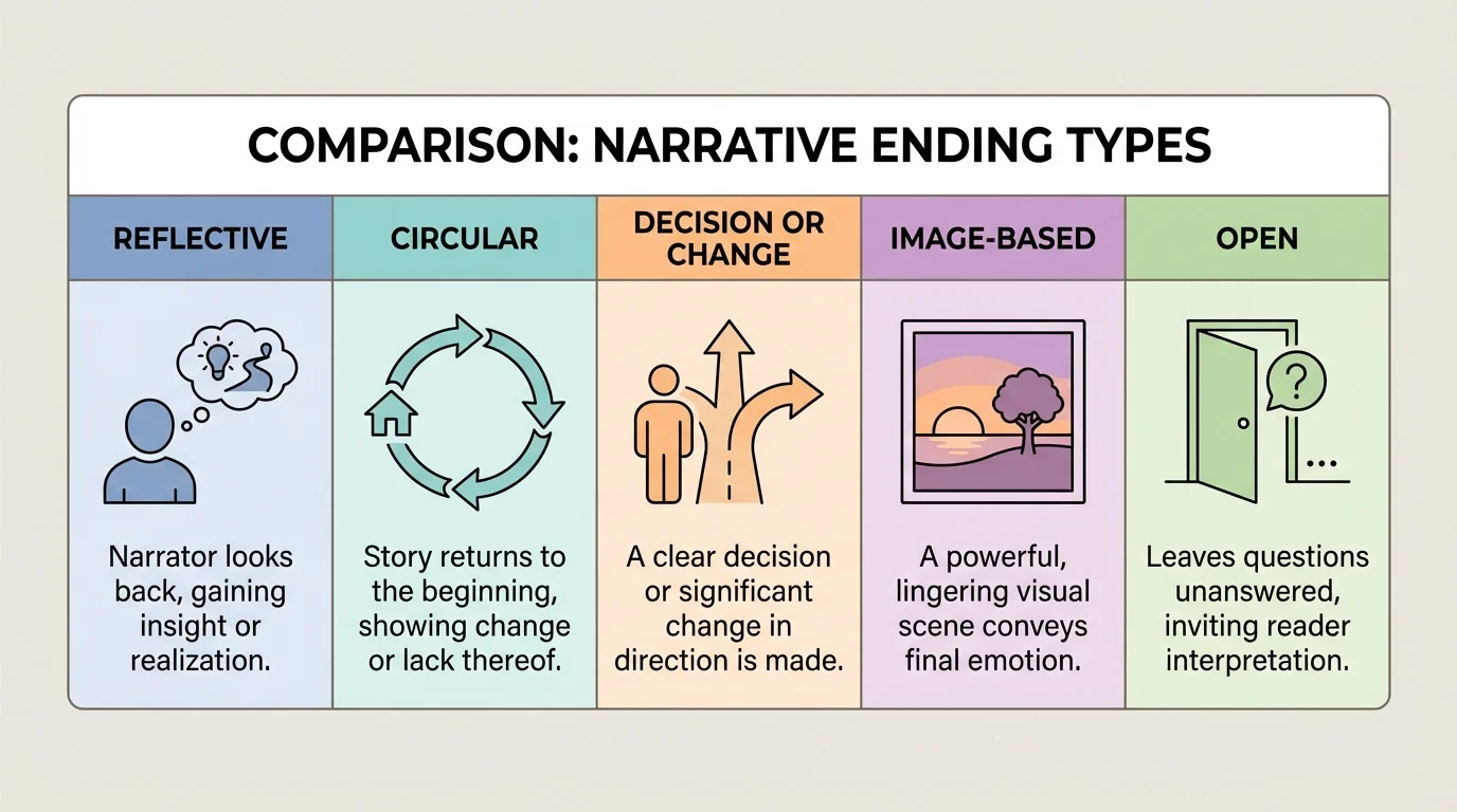 comparison chart of reflective, circular, decision or change, image-based, and open endings with one brief characteristic for each