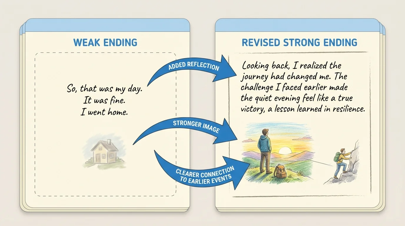 side-by-side writing page showing a weak ending and a revised strong ending, with arrows labeling added reflection, stronger image, and clearer connection to earlier events