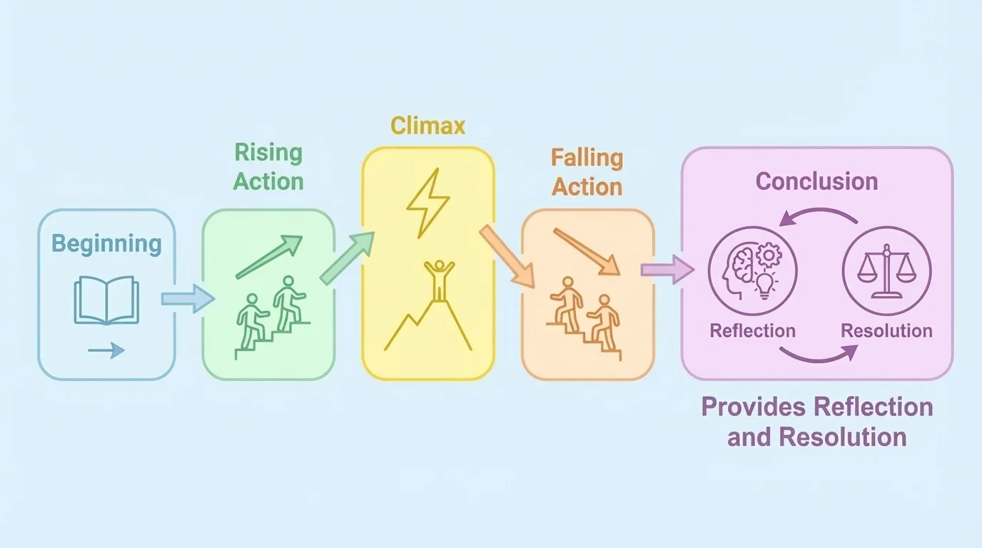 narrative sequence showing beginning, rising action, climax, falling action, and conclusion, with labels indicating that the conclusion provides reflection and resolution