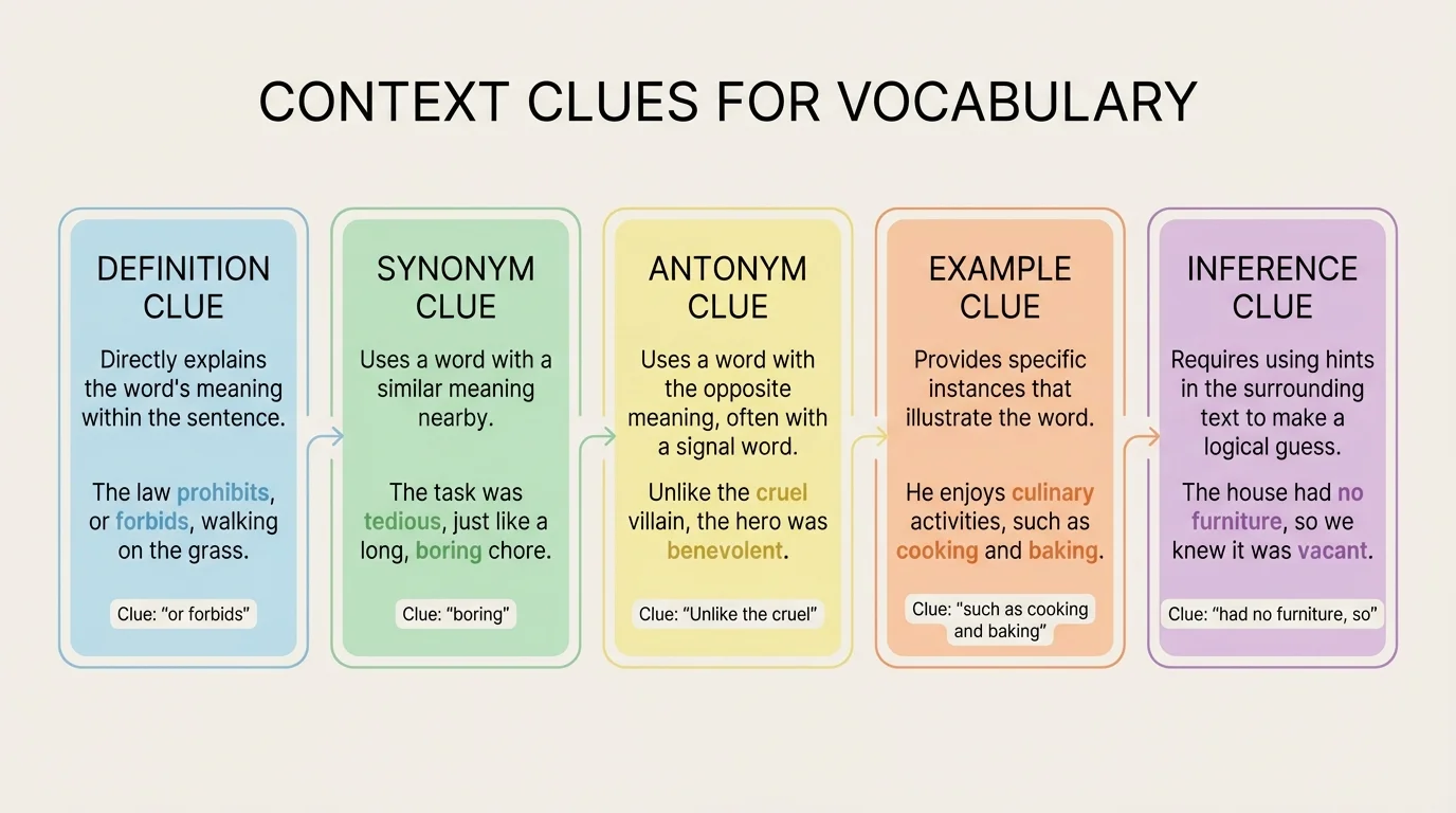 chart showing definition, synonym, antonym, example, and inference clues with a sample sentence for each