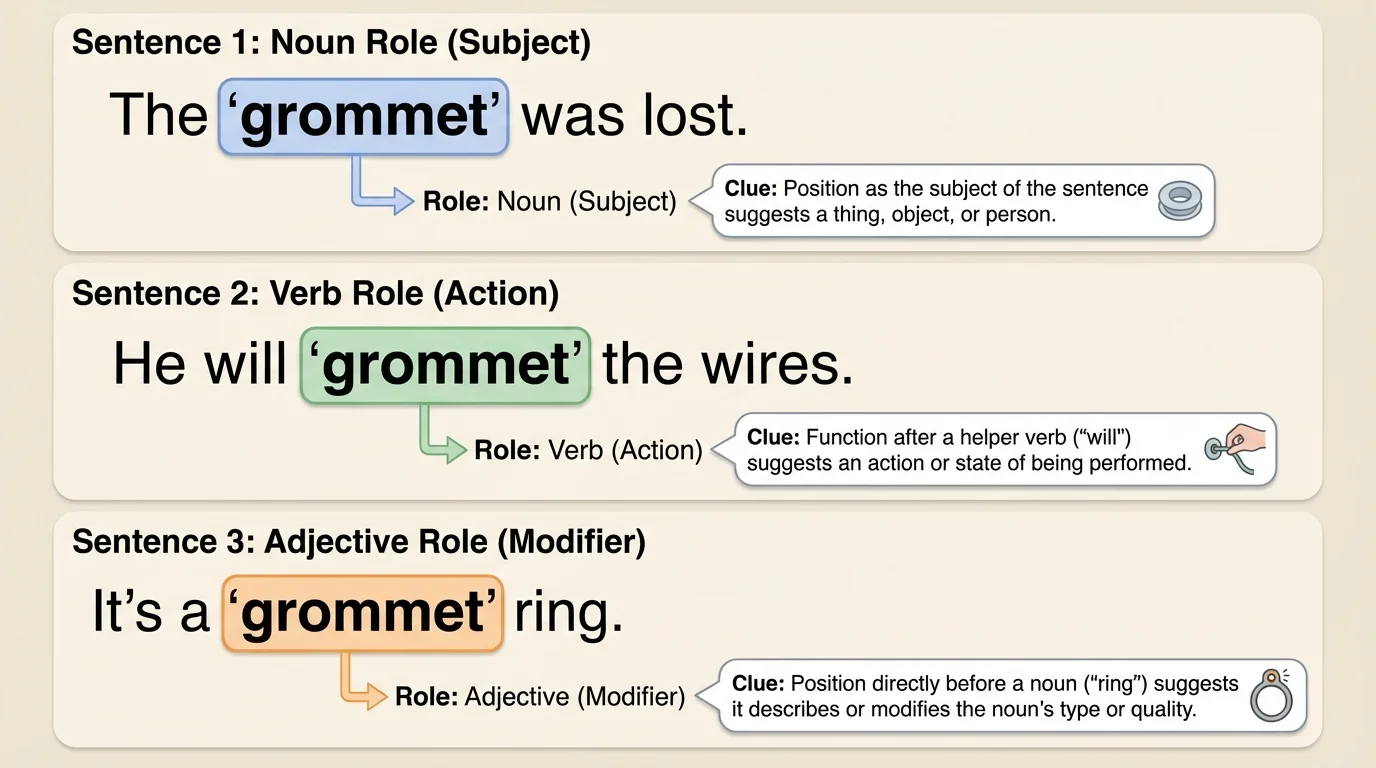 diagram of three sentences with the unknown word highlighted and labels showing noun, verb, and adjective roles