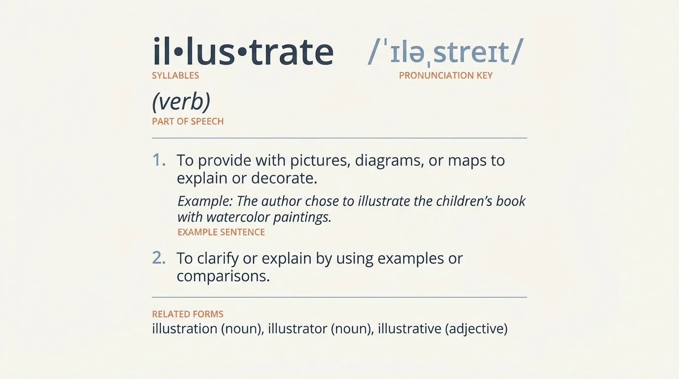 Labeled dictionary entry for a sample word showing syllables, pronunciation key, part of speech, multiple definitions, and example sentence