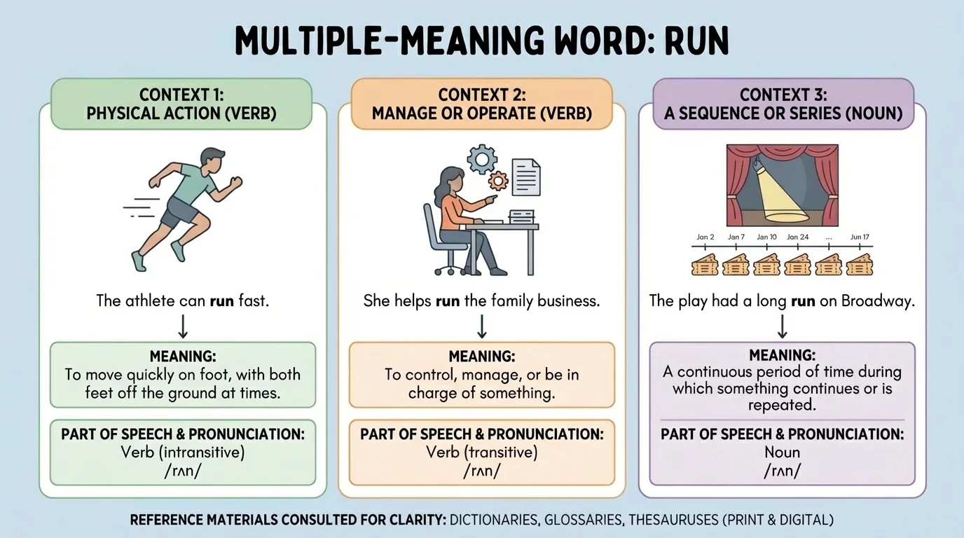 Chart comparing one multiple-meaning word in three sentence contexts with different meanings identified