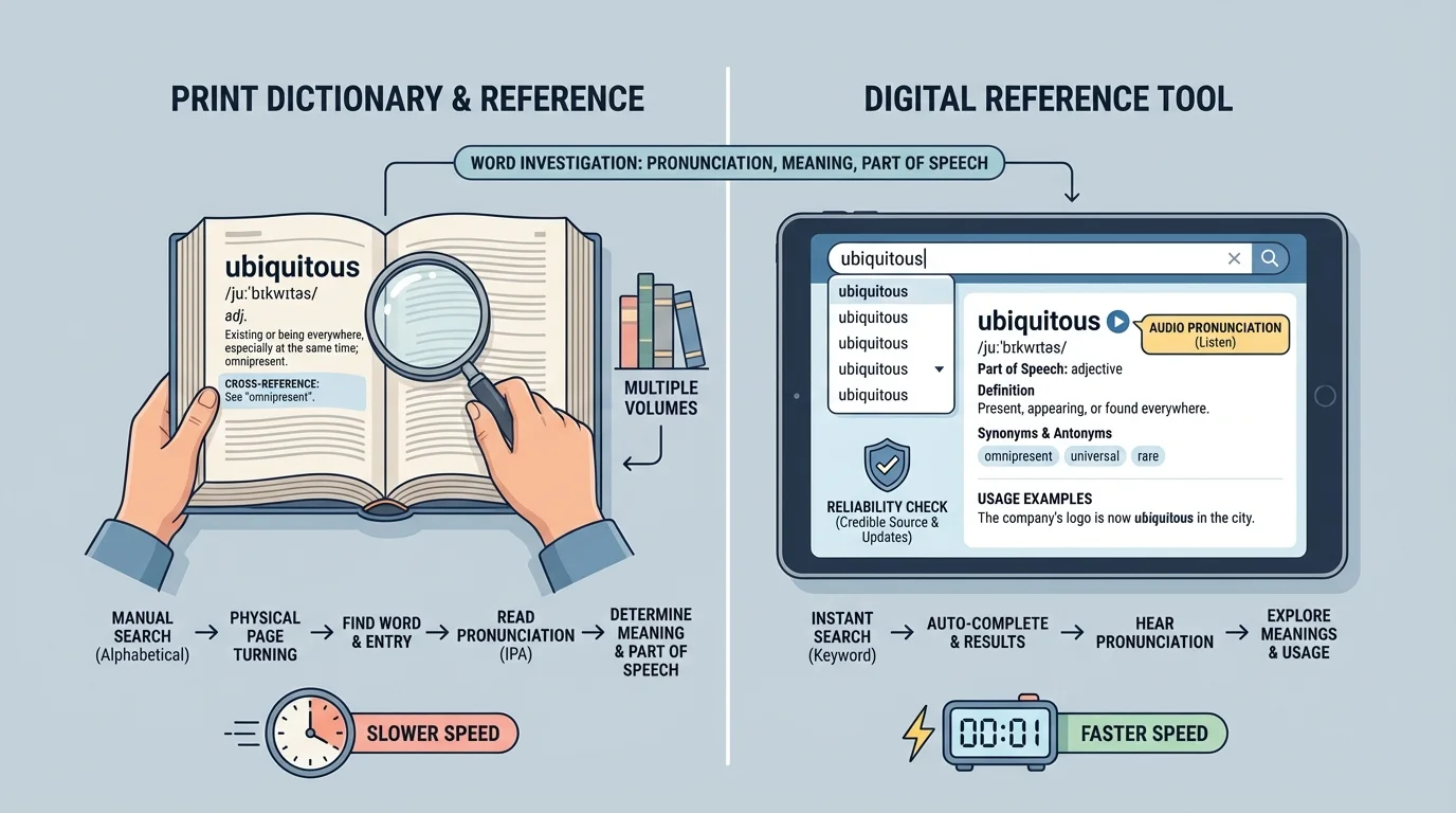 Side-by-side comparison of print dictionary and digital reference tool showing speed, detail, search features, and reliability checks