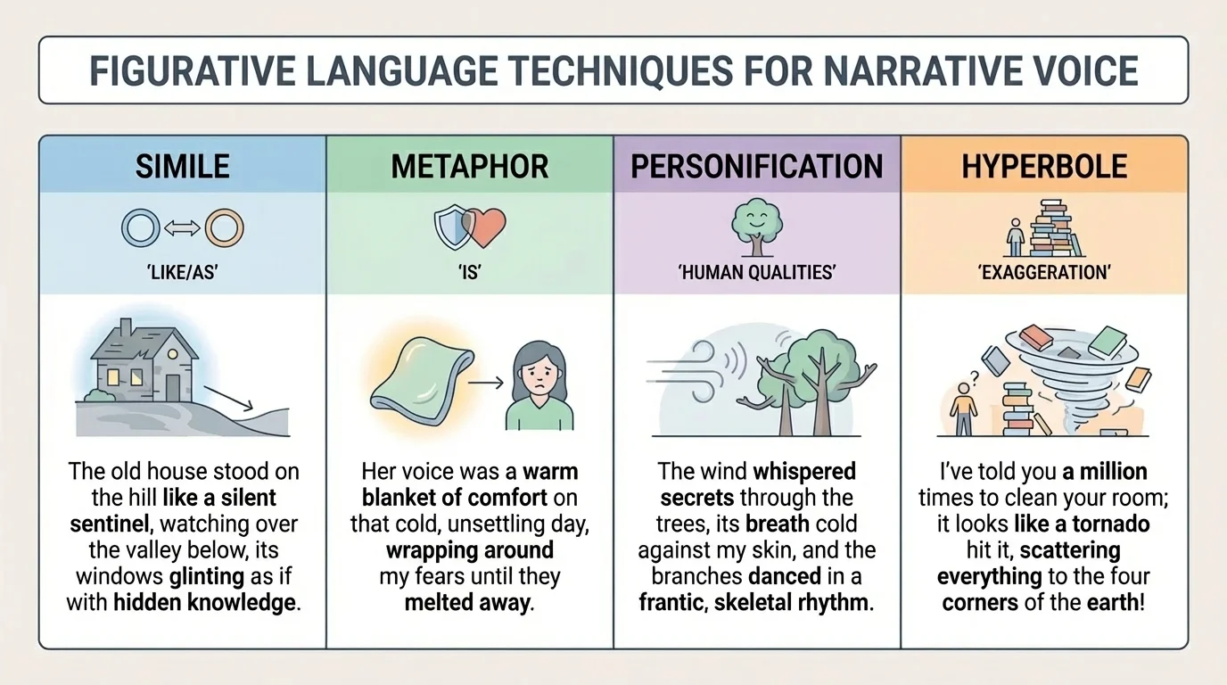 four-column chart with labels simile, metaphor, personification, hyperbole and a short narrative example in each