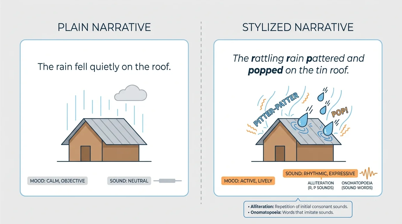 two short narrative lines side by side, one plain and one using alliteration and onomatopoeia, with labels showing sound effects and mood