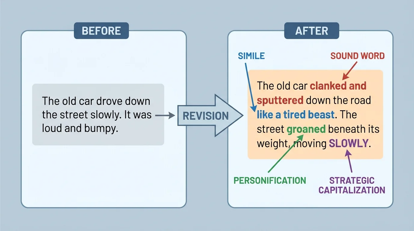 side-by-side revision example labeled before and after, with arrows pointing to added simile, sound word, personification, and strategic capitalization