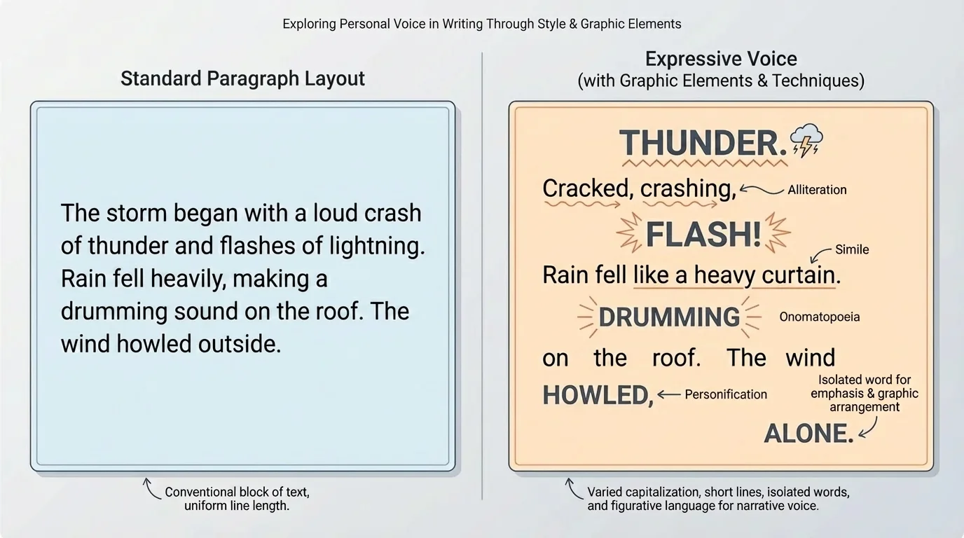 page layout showing a short scene in standard paragraph form next to a version using capitals, short lines, and isolated words for emphasis