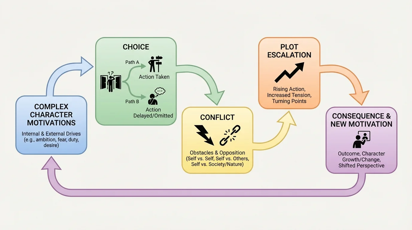 flowchart showing motivation leading to choice, choice causing conflict, conflict escalating plot, and consequence leading to new motivation