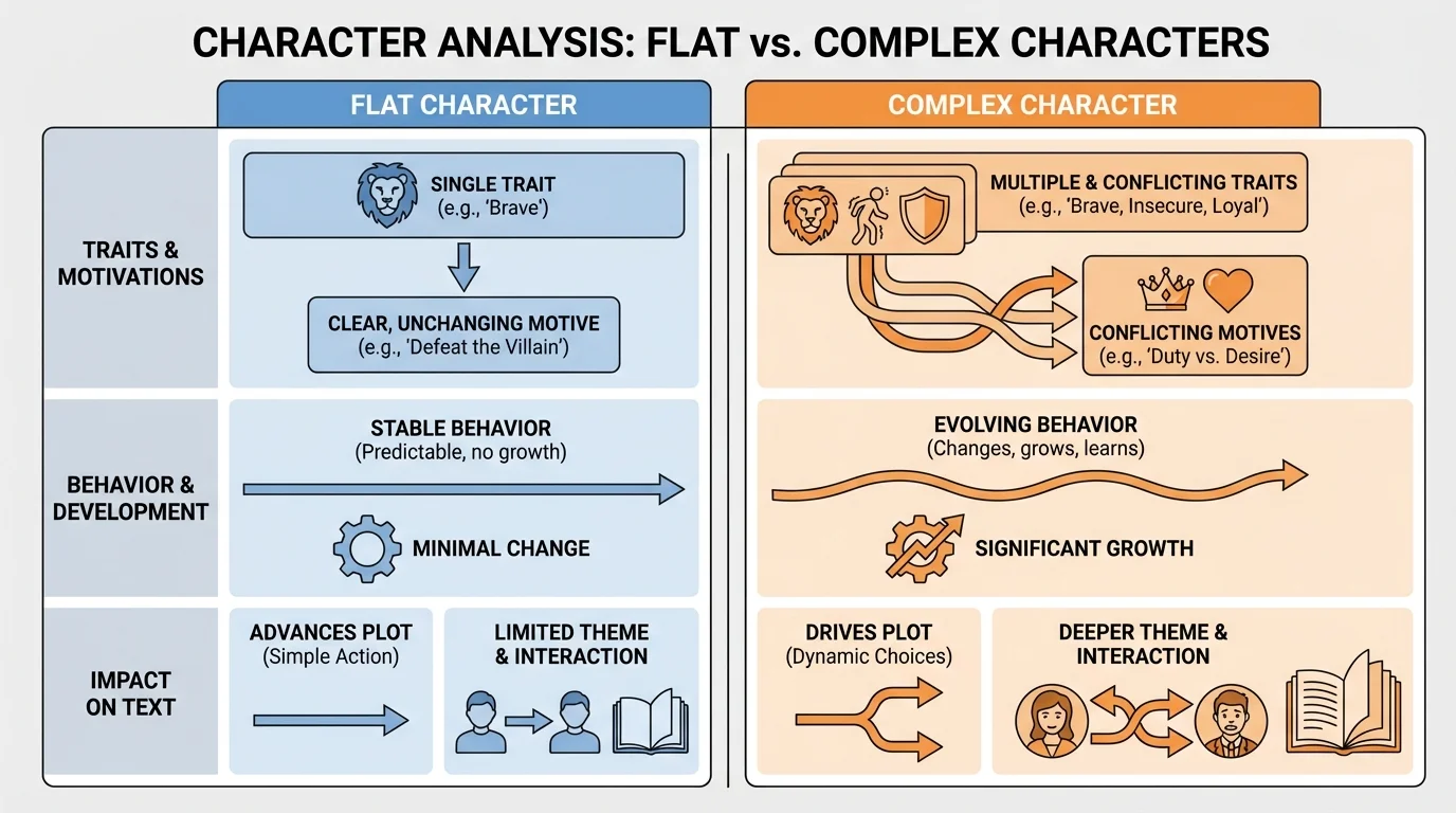 chart comparing a flat character with a complex character, showing single trait versus multiple traits, stable behavior versus change, and clear motive versus conflicting motives